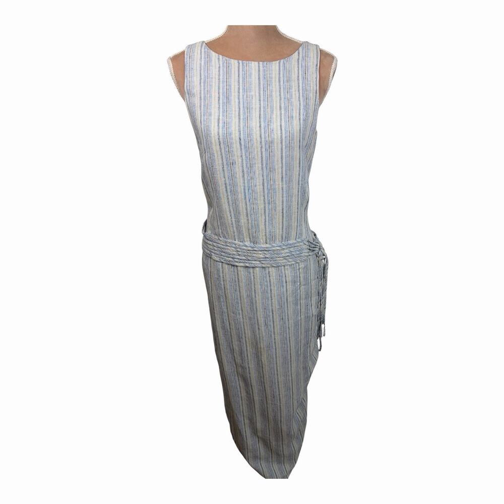 Nikki Valentine Womens 6 100% Irish Linen Blue Striped Midi Dress Tie Waist